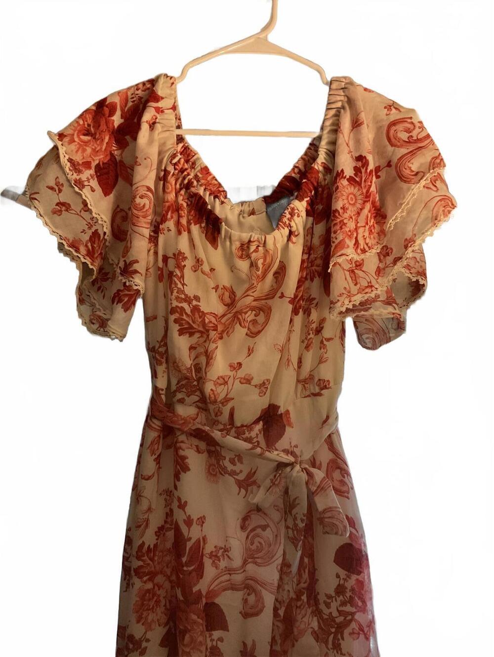 Gabby Skye White and Pink Floral Midi Dress with Ruffled Hem Size 10 - Picture 3 of 12